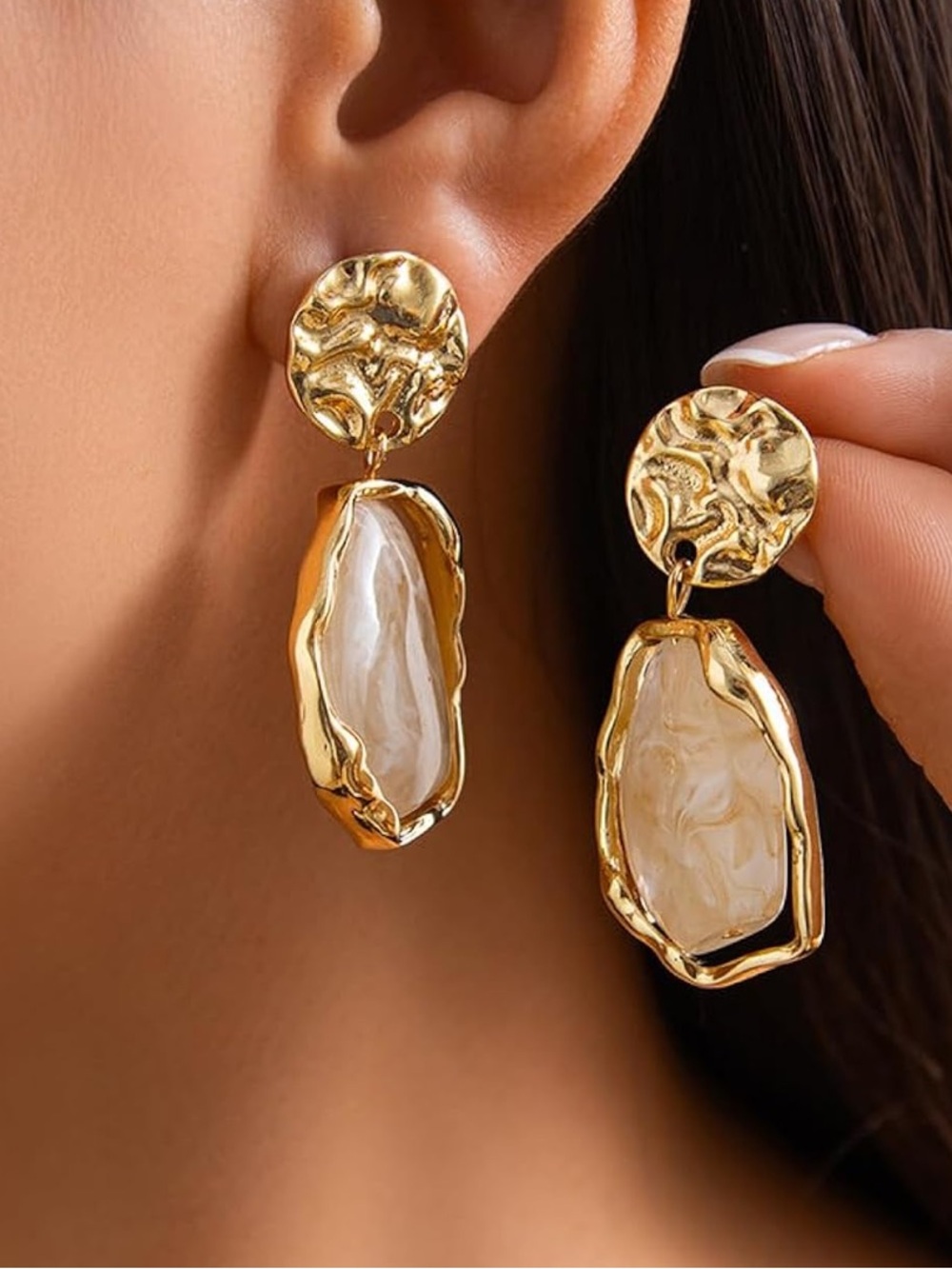 Anthropologie Gold & Cream Sculpted Drop Earrings